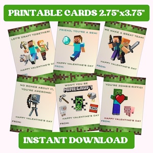 以下が含まれることがあります： 印刷可能なバレンタインデーカード、各7 x 9.5 cm、Minecraftのキャラクターと「Let's Craft Together!」や「Happy Valentine's Day」などのフレーズが特徴です。カードはピクセル化されたデザインで、「Instant Download」というテキストが含まれています。