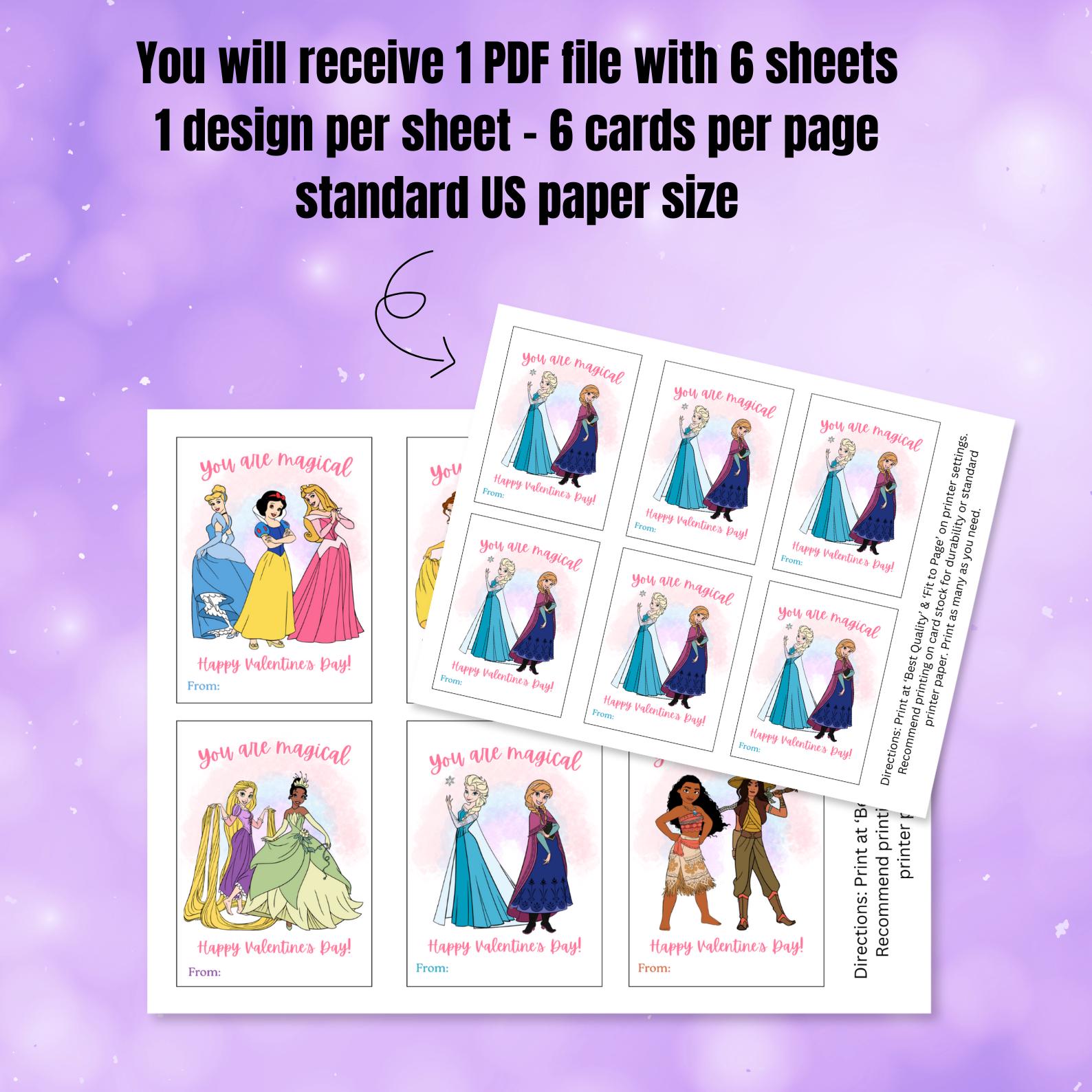 Princess Girls Valentine Cards, Printable Digital Valentines (instant ...