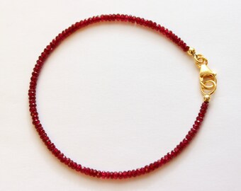 Ruby Bracelet, Gemstone Bracelet, Genuine Natural Red Ruby Bracelet, Faceted Rondelle, Gold Plated 925 Sterling Silver, Birthday Gift, Elegant, Approx. 19.5 cm