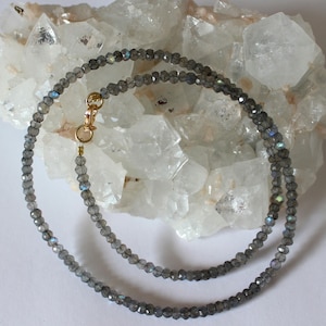 May include: A silver necklace with a gold clasp, made of faceted labradorite beads.