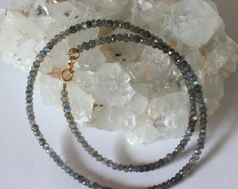 May include: A silver necklace with a gold clasp, made of faceted labradorite beads.