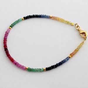 Ruby Sapphire Emerald Bracelet Gemstone Bracelet Gold Plated 925 Silver Ladies Colorful Faceted Roundel Stone Bracelet about 20 cm Long Gift Noble