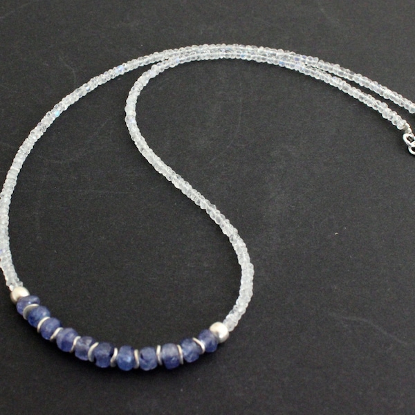 Rainbow moonstone necklace with sapphire and 925 silver intermediate parts (white / blue / silver / necklace / faceted / blue shimmering)