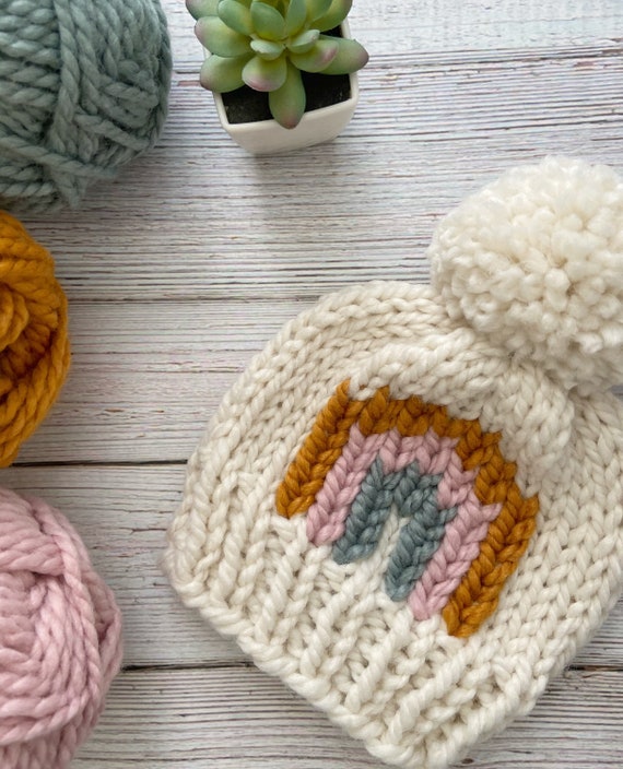 Handmade Knit Rainbow Baby Beanie, Gender Neutral