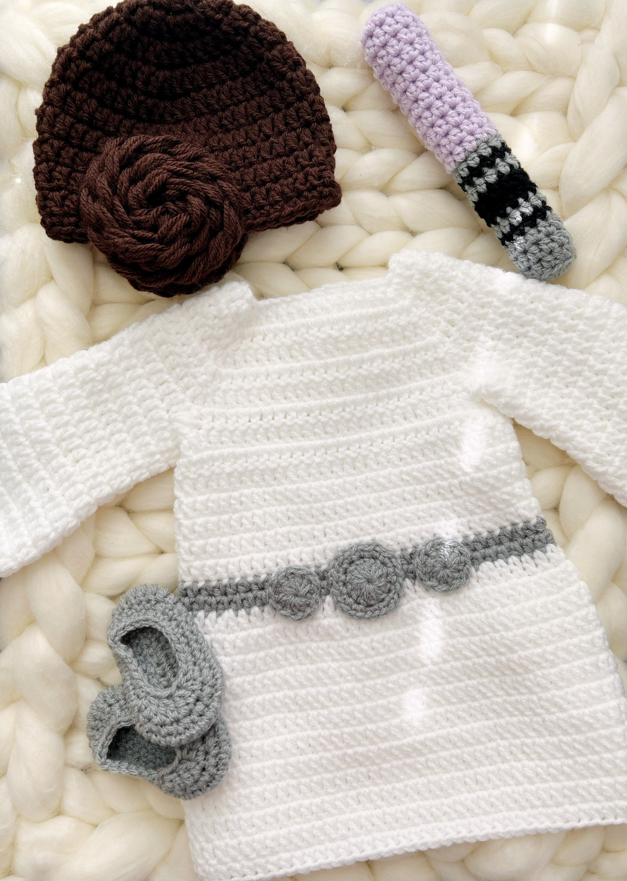 Crochet Baby Princess Leia Inspired Dress Hat Costume, Outfit Set, Photo Prop, Handmade 3pc Set, Lightsaber