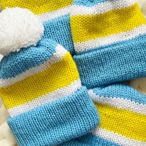 Custom Knit Team Colors Beanie: Handmade Pom Pom Hat