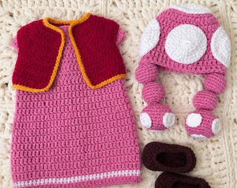 Hand Crocheted Toadette Costume Dress, Hat, Booties Set, Baby Girl Outfit