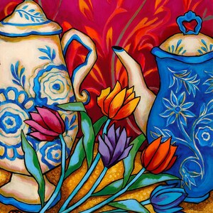 May include: A still life painting featuring two ceramic teapots, one white with blue floral designs and the other blue with gold accents, surrounded by a bouquet of colorful tulips with green leaves on a yellow background.