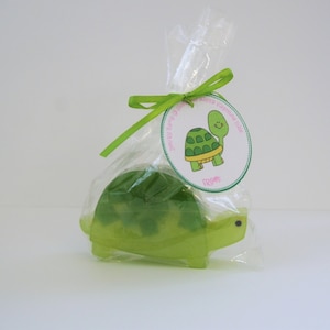 May include: A green turtle-shaped soap bar in a clear plastic bag with a pink and green gift tag that says "You're so sweet!"
