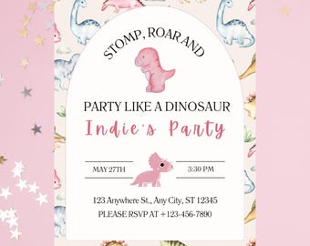 Pink Dinosaur Party Invitation | Editable Digital Download | Girls Dino Birthday Invite | Instant Access
