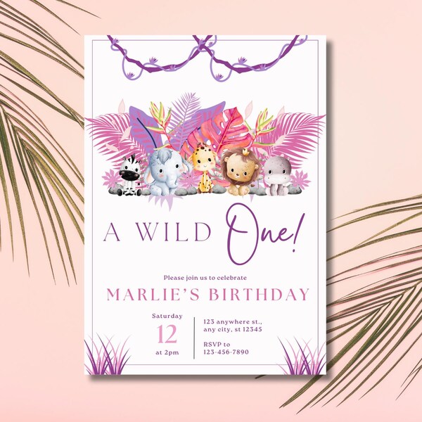 Pink Wild One Safari Birthday Invitation | Girls Jungle Theme 1st Birthday Party | Pink Purple First Birthday | Editable Digital Invite