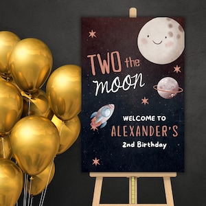 Two the Moon Birthday Welcome Sign - Outer Space Themed Party Poster - Printable A1 Custom Sign