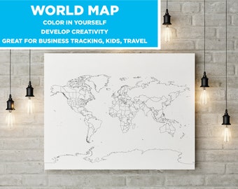 Printable blank outline black and white world Map to color in | polaroid template diy | PDF digital download country order tracker