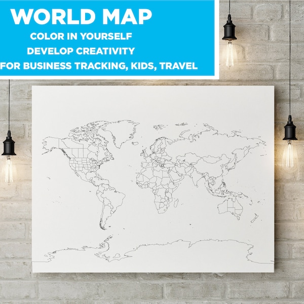 Printable blank outline black and white world Map to color in | polaroid template diy | PDF digital download country order tracker