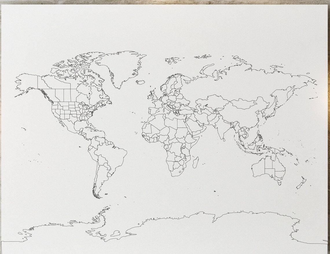 Printable Blank Outline Black and White World Map to Color in - Etsy