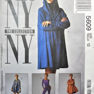May include: A McCall's NY NY The Collection sewing pattern envelope 5609 size 12. The front displays a blue hooded coat, a blue patterned jacket, a purple long-sleeve top with leggings, and a tan coat. Text includes McCall's, NY NY, and 5609.