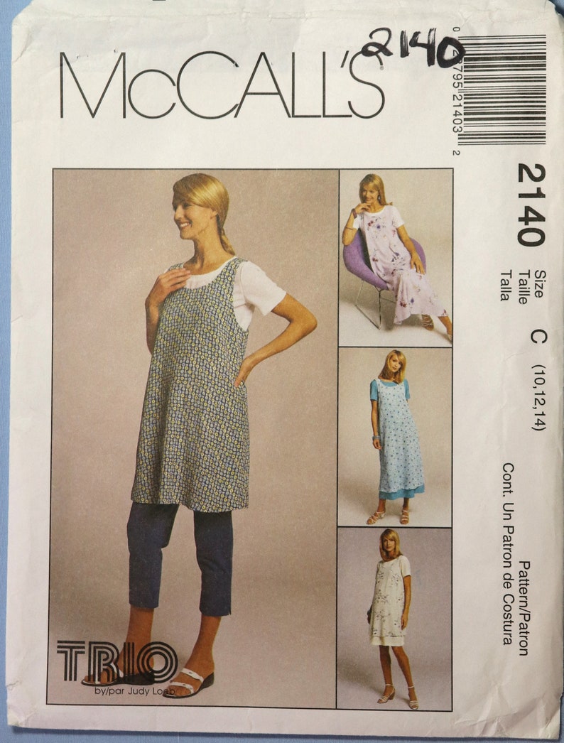 McCall's 2140. Maternity dress or jumper, top and pants pattern. Maternity maxi dress or jumper tunic and pull on pants. SZ 10-14 Uncut image 1
