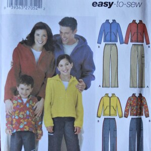 May include: Simplicity sewing pattern 5362 for size A, XS-L and XS-XL. The package features illustrations of hooded jackets and pants in various colors and patterns, including blue, red, yellow, and floral prints, with easy-to-sew instructions.