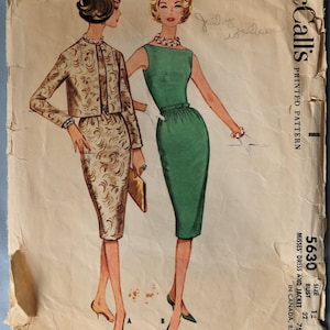 May include: Vintage McCall's printed sewing pattern 5630. The pattern features illustrations of two women in dresses and jackets. One woman wears a gold-toned jacket and dress, the other a green dress. The pattern includes size 12, bust 32.