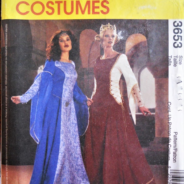 McCall's 3653.  Women's Medieval dress costume.  Camelot Costume dress pattern.  Queen Guinevere Ren Faire costume pattern.  SZ 14-20 Uncut
