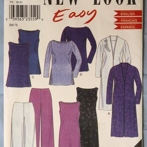 May include: A New Look sewing pattern envelope 6917 for sizes 10-22, featuring illustrations of various garments including sleeveless tops, long-sleeved tops, wide-leg trousers, and long coats in shades of blue, purple, black, and white.