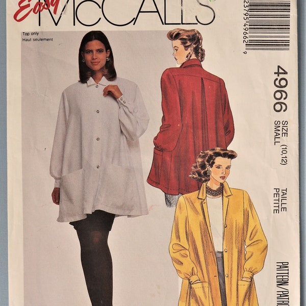 McCall's 4966.  Misses blouse pattern.  Vintage 1990 tent blouse pattern.  Trapeze, swing blouse pattern.  SZ SM (10-12) Uncut