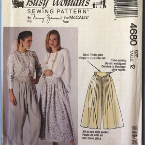 May include: A vintage sewing pattern titled "Busy Woman's Sewing Pattern" by Nancy Zieman for McCall's. The pattern features illustrations of a woman wearing pleated pants and a skirt. The size is 12.