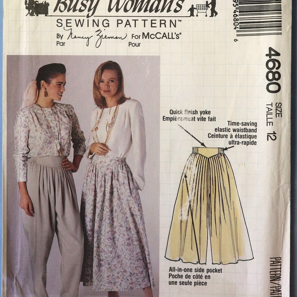 McCall's 4680.  Misses skirt, culottes and pants pattern.  Pull on skirt, wide leg guacho pants, tapered harem pants. SZ 12 Uncut