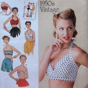 May include: Simplicity 1426 sewing pattern for vintage 1950s halter tops and swimwear. The pattern includes various styles, with sizes ranging from U.S. 14-22. The cover features a woman in a polka dot halter top.