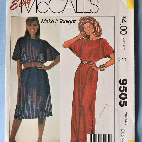 McCall's 9505.  Misses dress pattern.  Vintage 1985 "Make it Tonight" Pullover dress with flared sleeves pattern.   SZ XS. Uncut