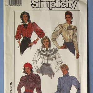 Simplicity 8240.  Misses blouses pattern.  Vintage 1987 fitted blouses with embroidered yoke, lace jabot pattern.  SZ 10-14 Uncut