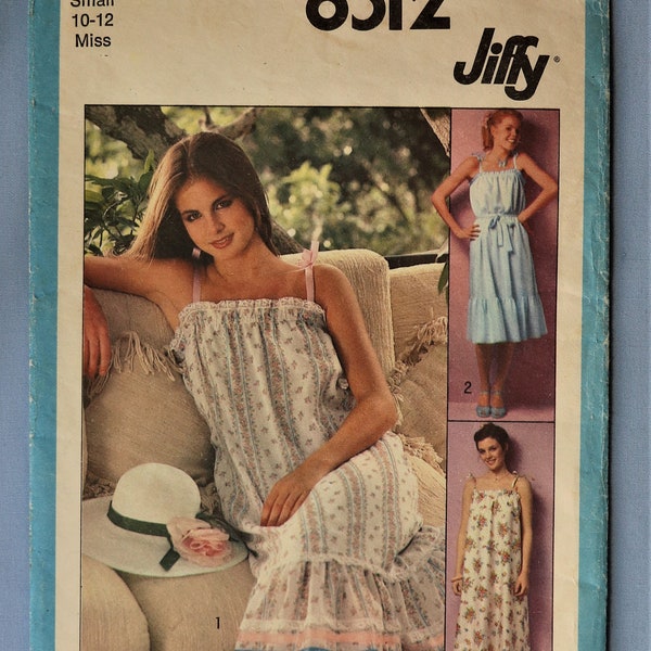 Simplicity 8512.  Misses sundress pattern.  Vintage 1978 Jiffy sundress pattern. Shoulder tie pullover dress pattern.  SZ SM (8-10)
