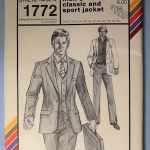 May include: A vintage Stretch & Sew 1772 sewing pattern envelope for a classic and sport jacket. The front features a black and white illustration of a person in a suit and tie holding a briefcase, with text including chest sizes 34 to 50 inches.