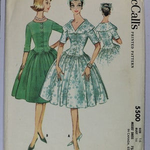 May include: A McCall's printed pattern envelope for a dress, number 5500, size 16, bust 36. The illustration shows two variations of a dress with a fitted bodice, button front, and full skirt. One version is solid green, the other has a floral print.