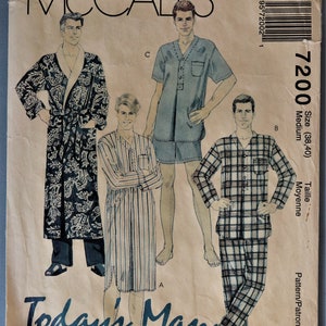 May include: Vintage McCall's sewing pattern titled "Today's Man" featuring illustrations of sleepwear and loungewear. The pattern includes a robe, pajama sets, and a short-sleeved shirt with shorts. The size is medium (38-40).