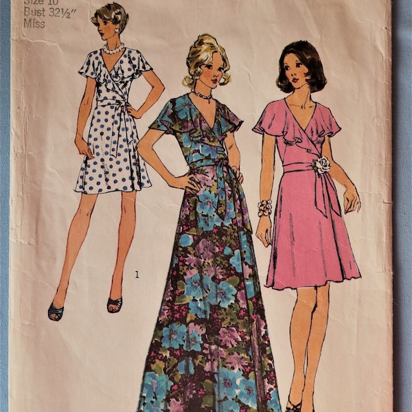Simplicity 6099.  Misses wrap dress pattern.  Vintage 1973 evening wrap dress with cape collar pattern.  SZ 10.