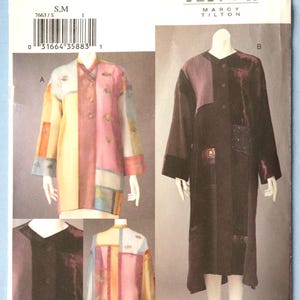 May include: A sewing pattern envelope for Marcy Tilton design 7663, featuring illustrations of two jacket styles. Style A is a multi-colored patchwork jacket with long sleeves. Style B is a long, dark-toned jacket with a button-front closure.