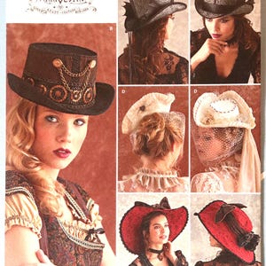 May include: Simplicity sewing pattern 8361 for hats in sizes S-L. The envelope features illustrations of various hat styles including a brown top hat with gold chain accents, a white hat with netting, and a wide-brimmed red hat with black trim.