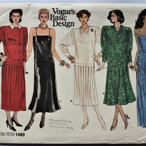 May include: Vintage Vogue's Basic Design sewing pattern 1480. The pattern features illustrations of five different women's outfits, including dresses and a suit. The outfits are in various colors, including red, black, white, green, and blue. The pattern is from Ridgewood Mills, Inc.