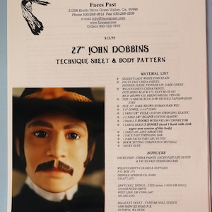 May include: A printed page featuring a doll-making pattern for a 27-inch doll named John Dobbins. The page includes a close-up of the doll's face with a mustache, and a list of materials and suppliers.