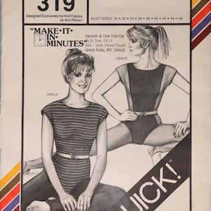 May include: Vintage sewing pattern for a cap sleeve leotard, featuring two illustrations of the garment. The pattern is designed for knit fabrics and includes bust sizes 30-46. The cover includes the text "Stretch & Sew" and "MAKE IT IN MINUTES".