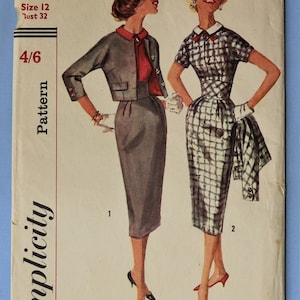 May include: A vintage Simplicity sewing pattern envelope 2624 for a Miss size 12, bust 32. The illustration shows two outfits: a grey skirt and jacket set with a red collar, and a black and white checkered dress with a white collar and matching jacket.