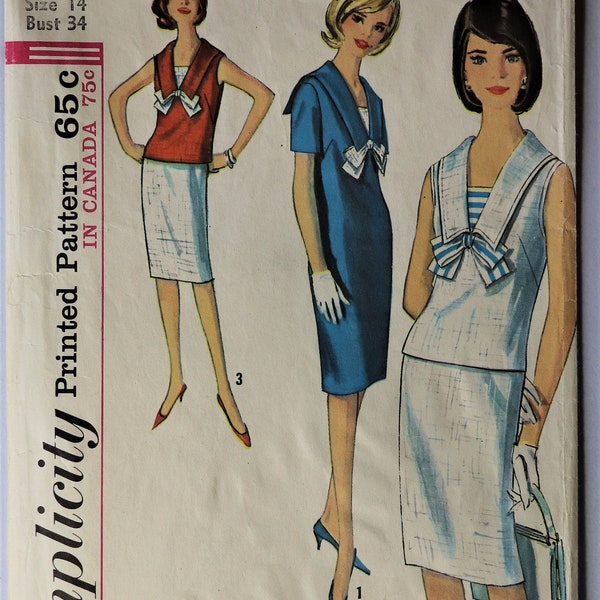 Simplicity 5840.  Vintage 1964 dress, top and skirt pattern.  Misses straight shift dress pattern. Overblouse, straight skirt pattern.