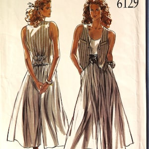 May include: A vintage sewing pattern titled "NEWLOOK 6129" featuring illustrations of a sleeveless top and wide-leg pants. The design includes a striped vest and a belted waist. The text "TOP NOT INCLUDED" is visible.