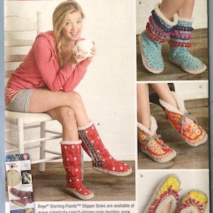 May include: Simplicity sewing pattern 1958 for slipper boots and booties in sizes S, M, and L. The envelope features illustrations of four variations of footwear with faux fur lining, pom-pom trim, and patterned fabric designs for home use.