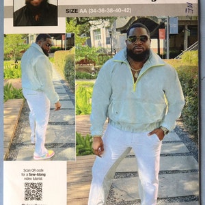 May include: A sewing pattern titled "knowME" by Mimi G, featuring a man in a light blue jacket and white pants. The pattern includes sizes AA (34-36-38-40-42). The image also includes a QR code for a video tutorial.