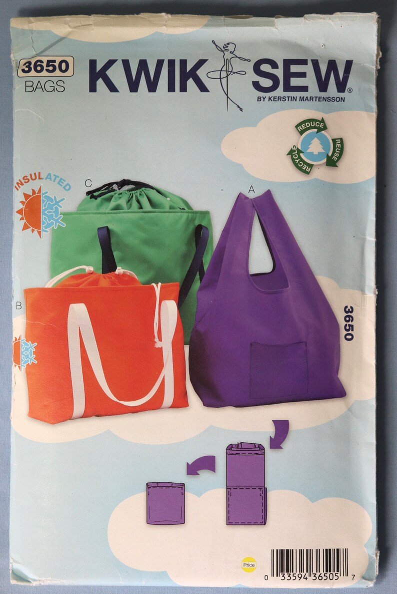 Kwik Sew 3650. Tote Bags Pattern. Grocery Tote Bags Pattern. Insulated