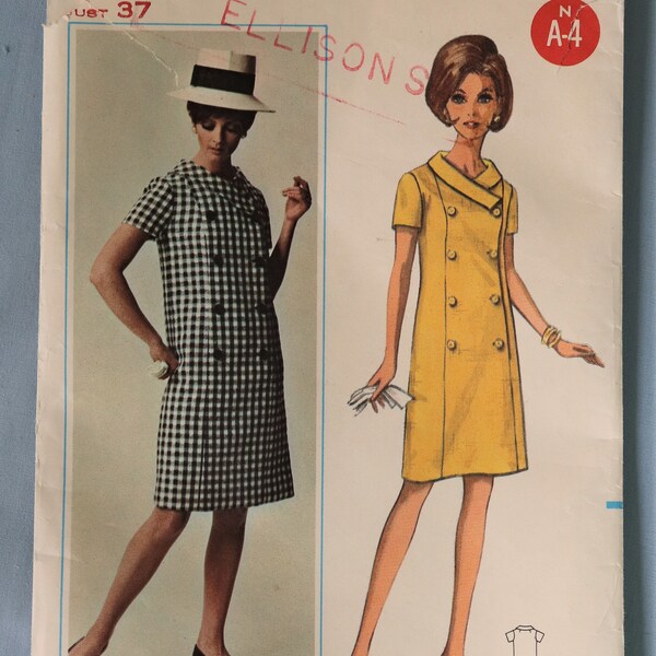 Butterick 4501.  Women's coat dress pattern.  Vintage 1960s Mod double breast coat dress pattern.  SZ 16 1/2.