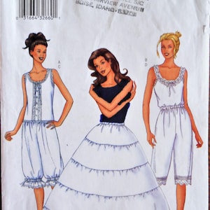 May include: A Butterick 6884 sewing pattern envelope for sizes 6-8-10. The front displays illustrations of three different undergarment styles: a ruffled camisole and bloomers set, a tiered petticoat, and a ruffled camisole with knee-length pants.