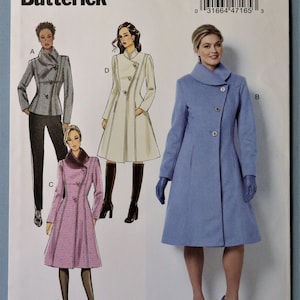 May include: A Butterick sewing pattern, B6497, featuring illustrations of women's coats. The coats are in various styles and colors, including a light blue coat with a flared skirt and a pink coat with a contrasting collar. The pattern is designed and printed in the USA.